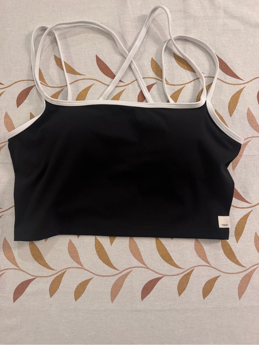 Vuori Black Crop Sports Bra with White Strappy Trim